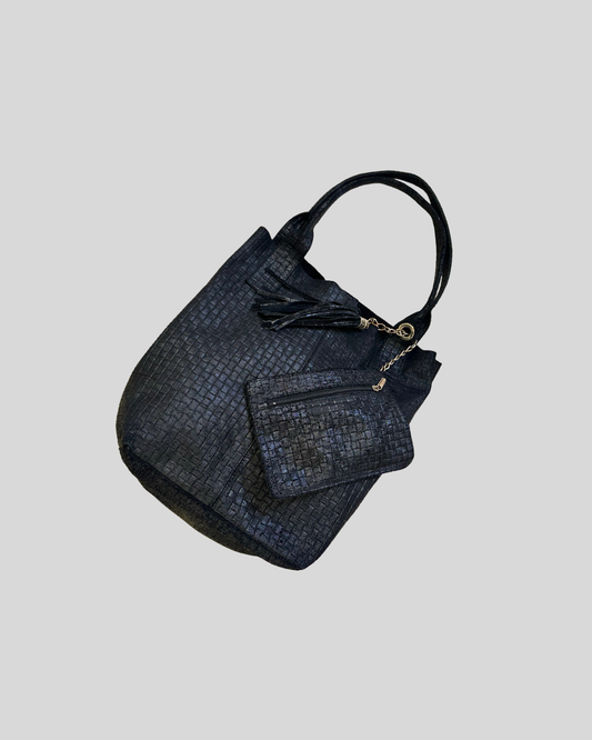🇮🇹 Grand cabas noir texturé en cuir véritable – Made in Italy