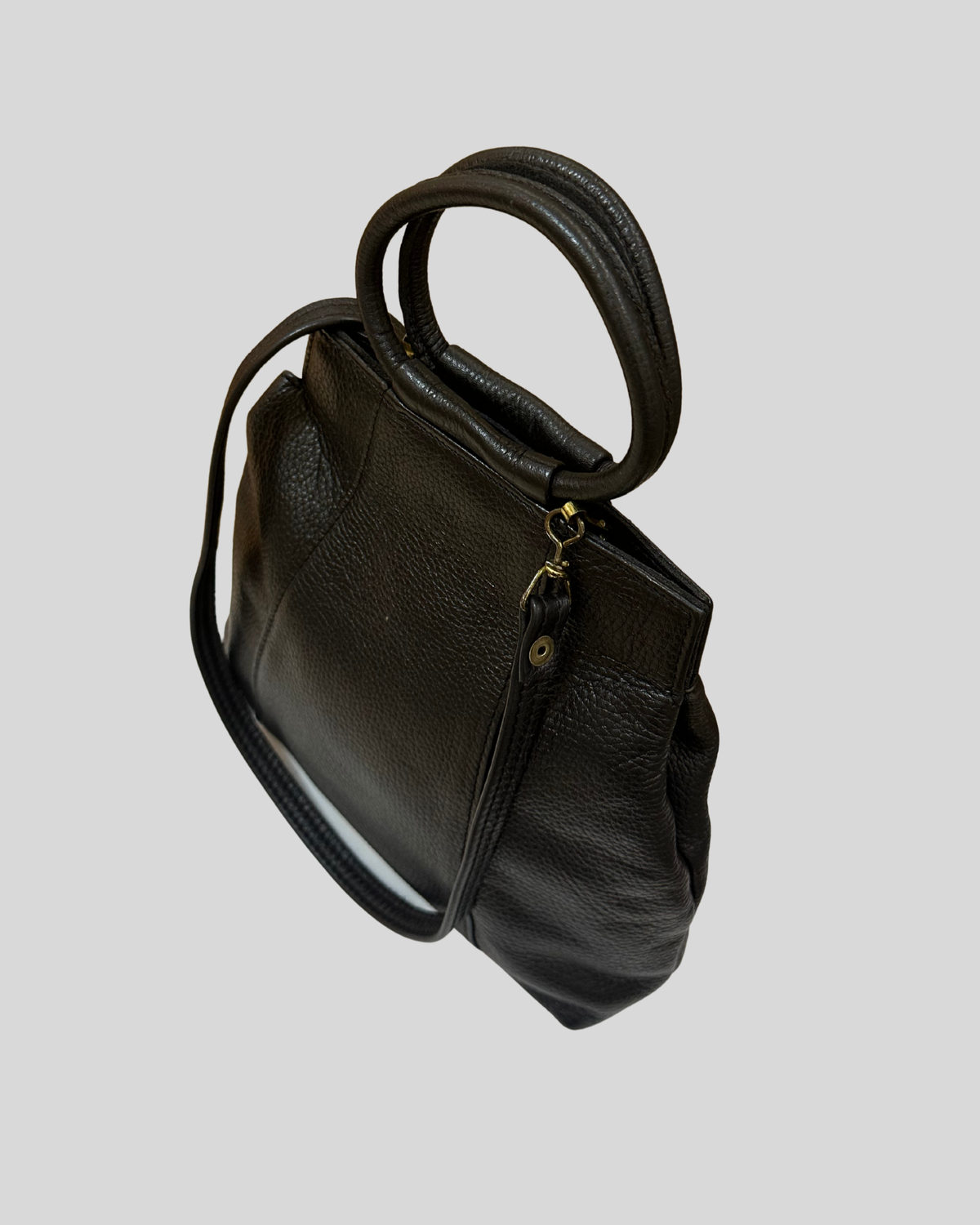 Sac à main noir en cuir véritable à poignées rondes et bandoulière amovible