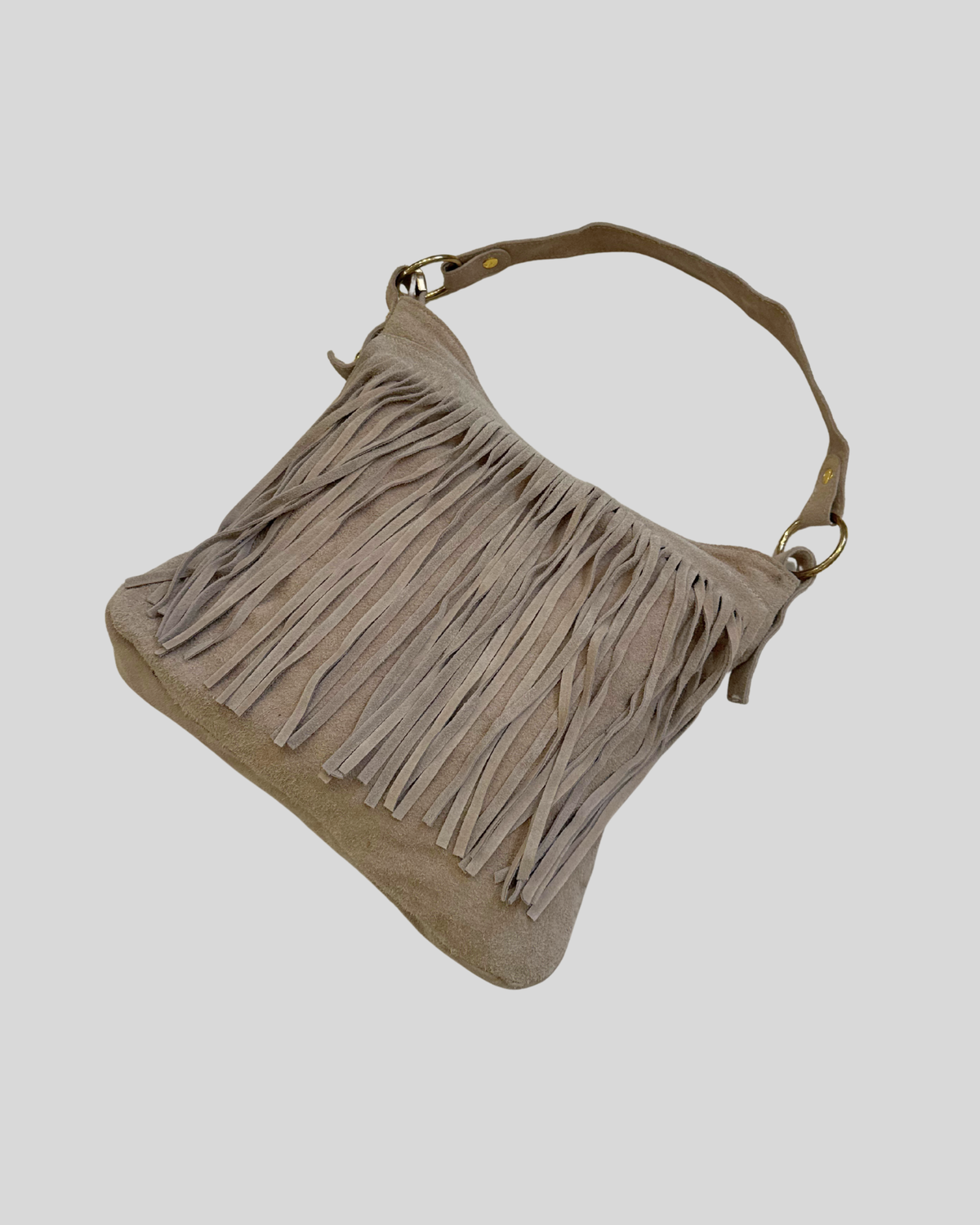 Sac épaule taupe à franges en daim véritable