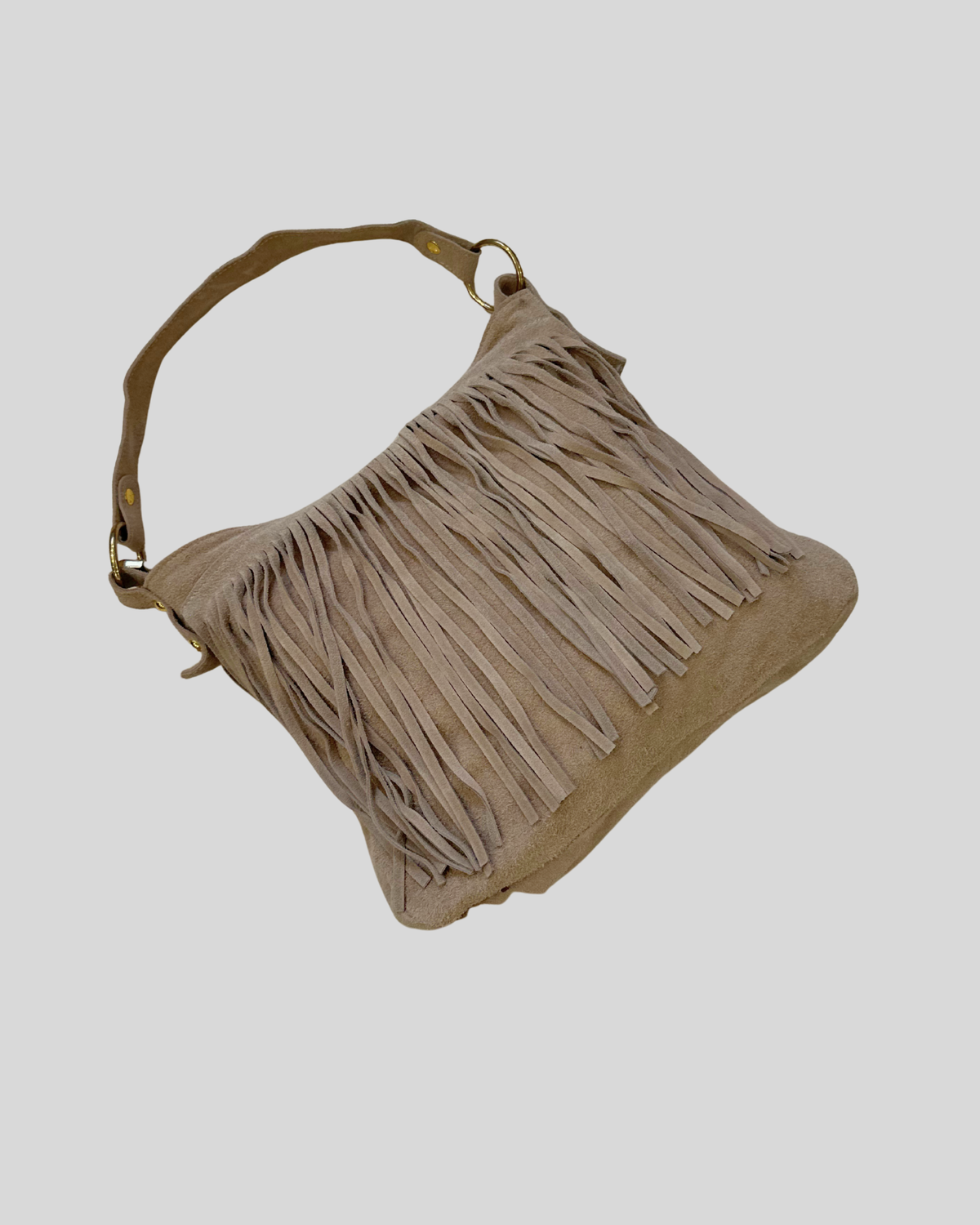 Sac épaule taupe à franges en daim véritable