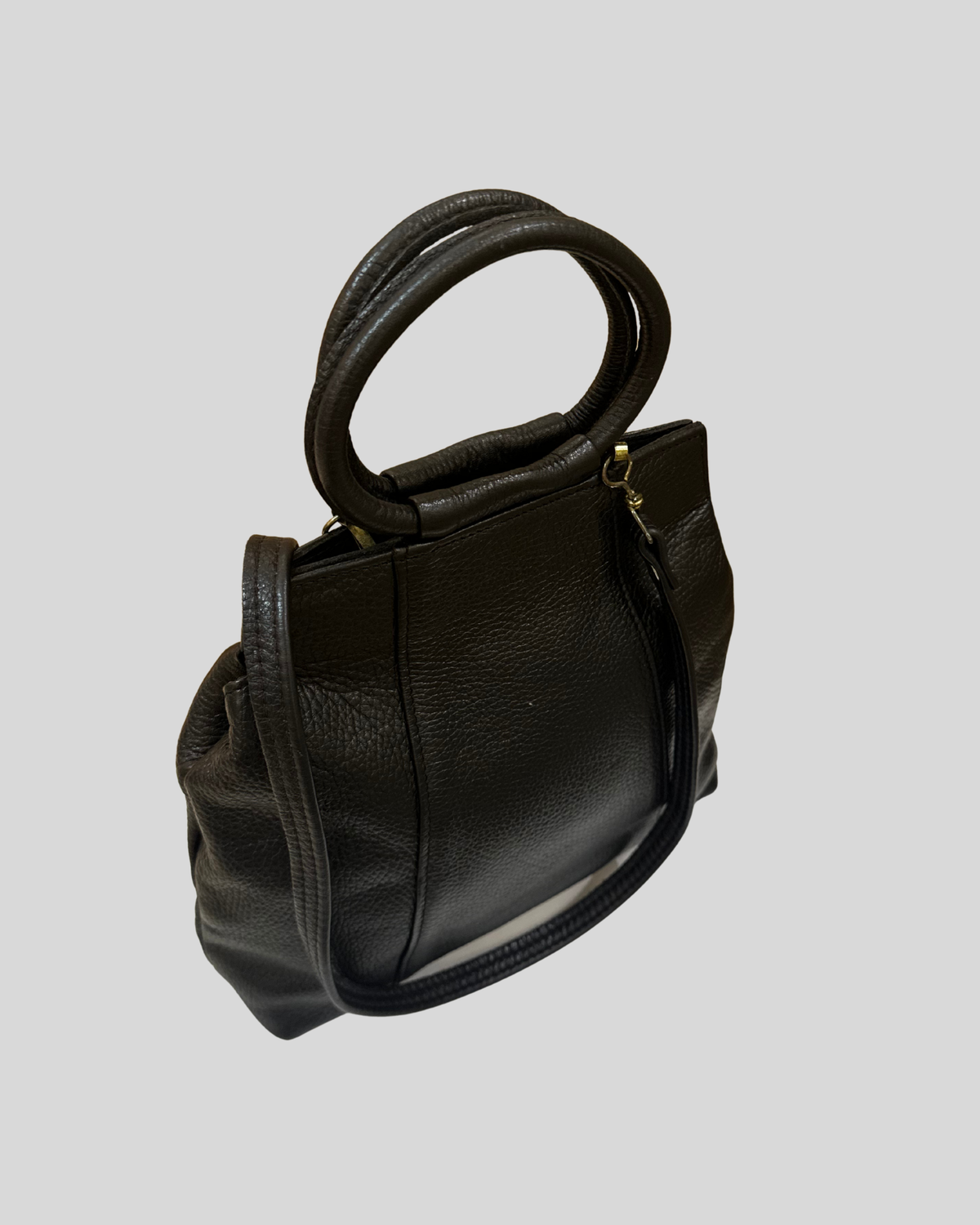 Sac à main noir en cuir véritable à poignées rondes et bandoulière amovible