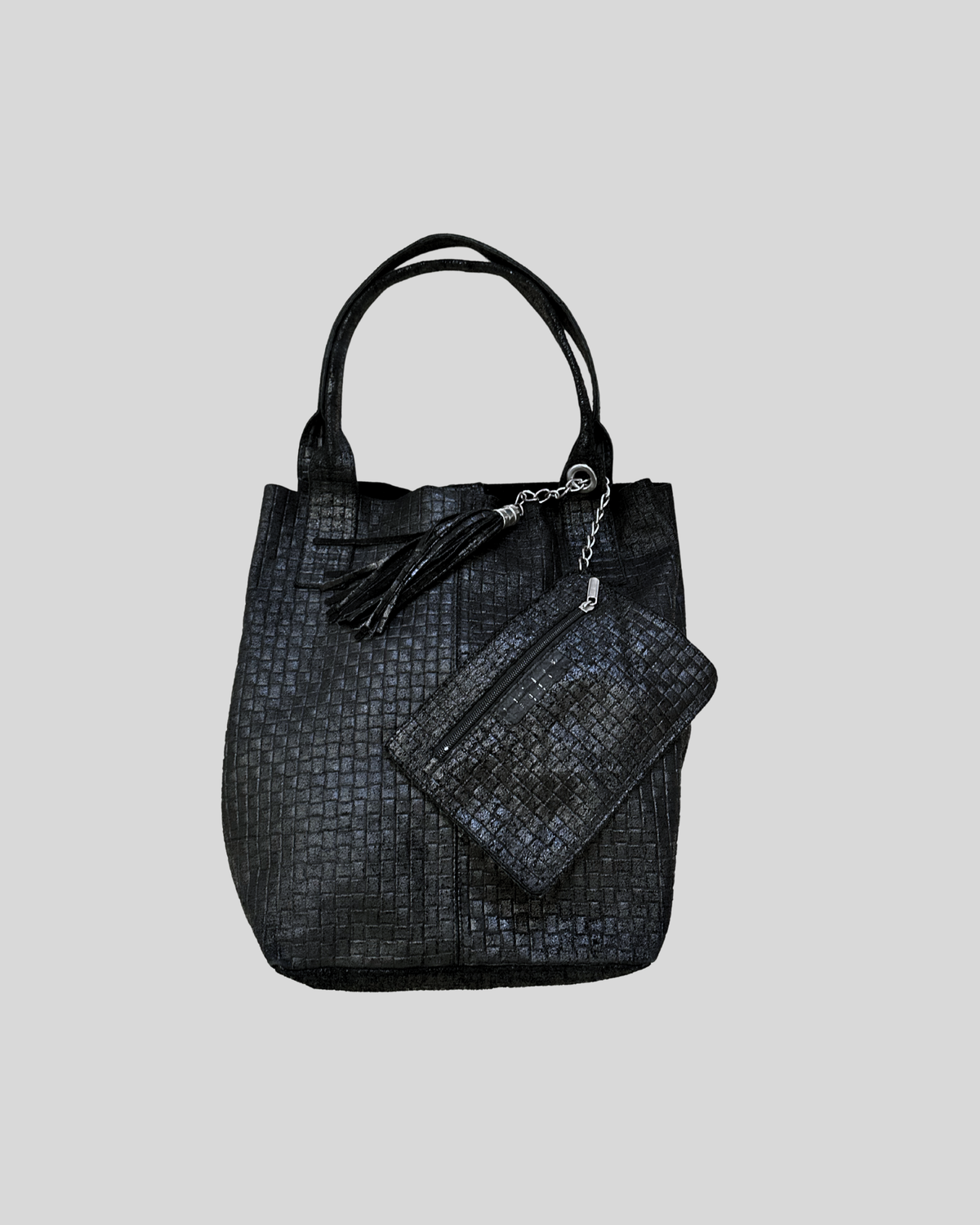 🇮🇹 Grand cabas noir texturé en cuir véritable – Made in Italy