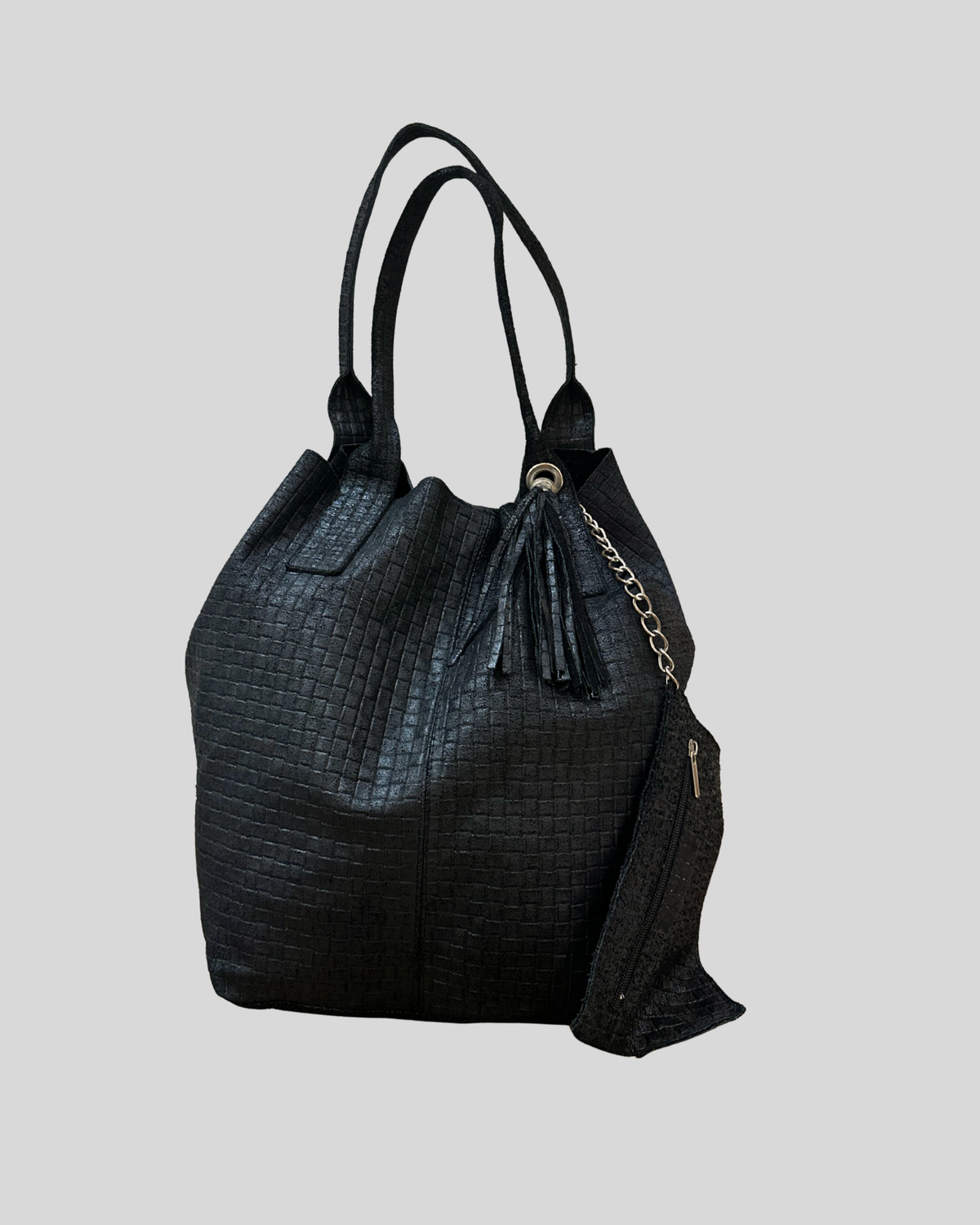 🇮🇹 Grand cabas noir texturé en cuir véritable – Made in Italy