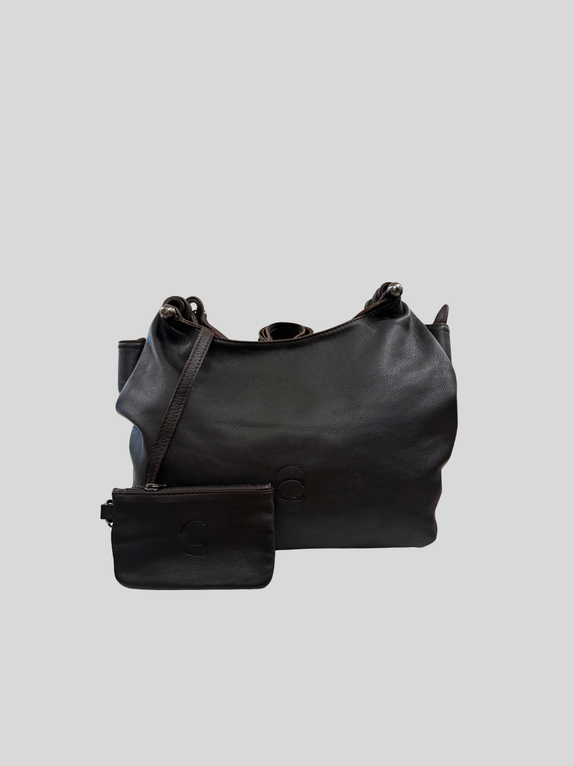 CG Accessories – Sac épaule marron foncé en cuir véritable avec pochette