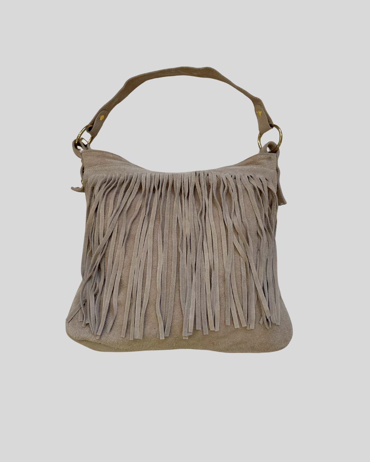 Sac épaule taupe à franges en daim véritable