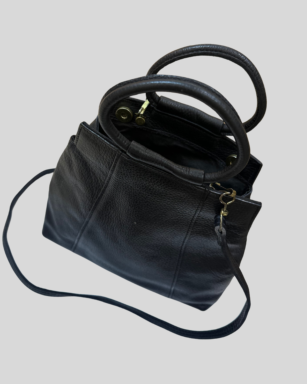 Sac à main noir en cuir véritable à poignées rondes et bandoulière amovible