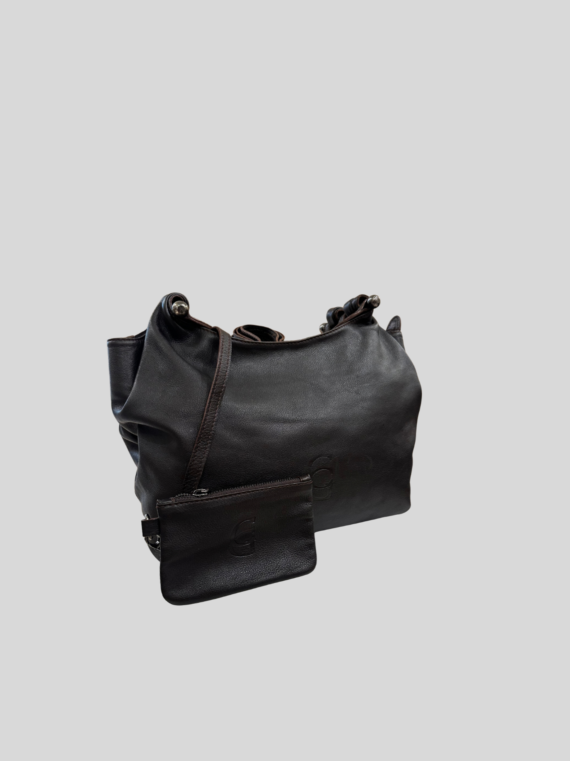 CG Accessories – Sac épaule marron foncé en cuir véritable avec pochette