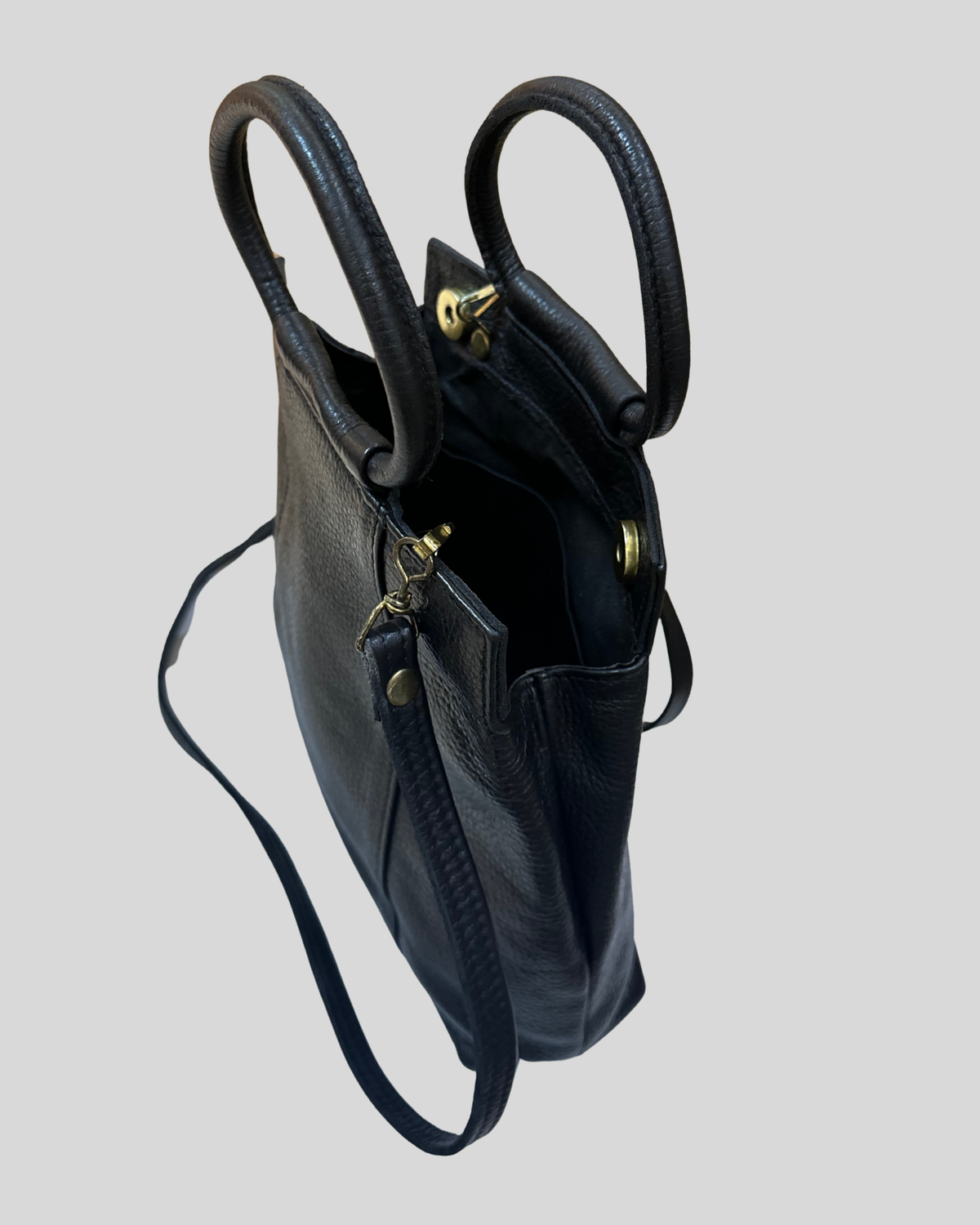 Sac à main noir en cuir véritable à poignées rondes et bandoulière amovible