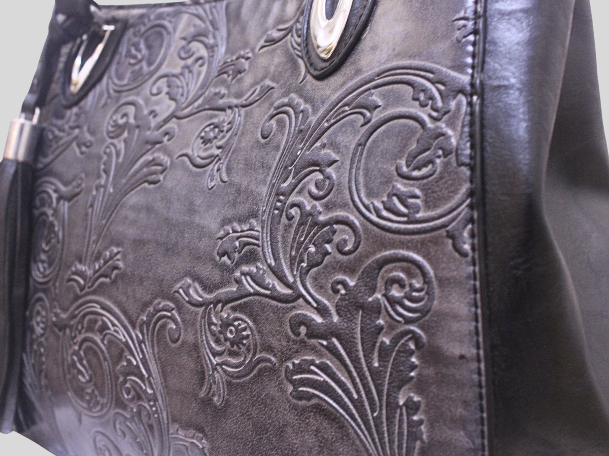 Grand cabas Floral gris et noir à motifs baroques embossés