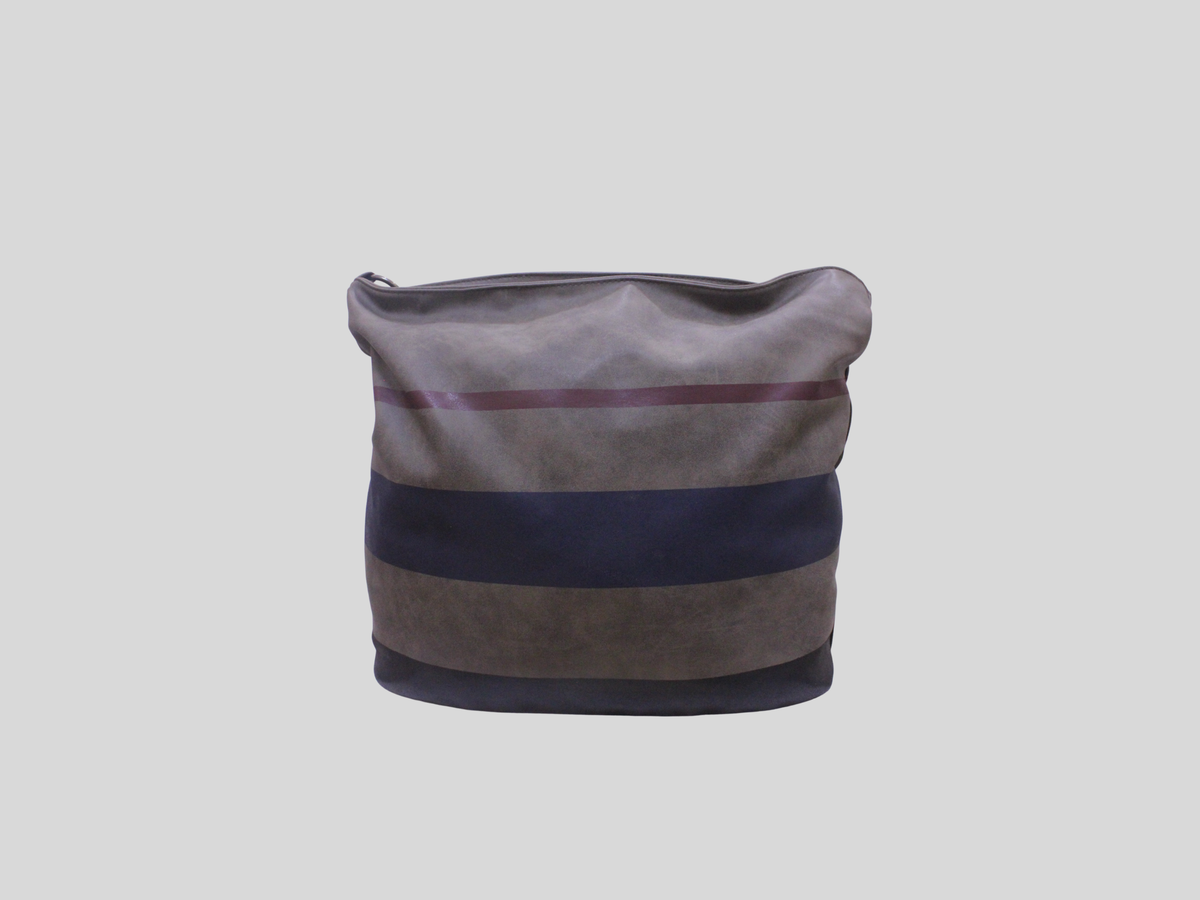 Sac épaule gris à rayures bleu marine et bordeaux – double porté