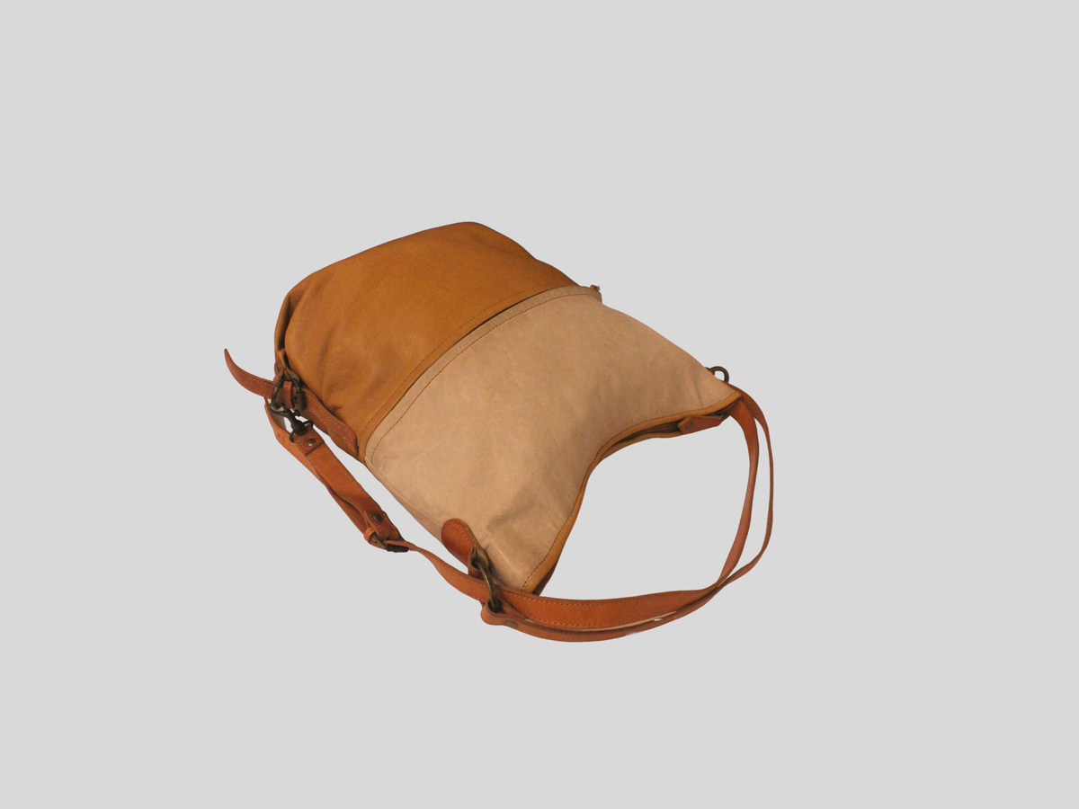 Sac convertible bicolore beige et camel en cuir véritable