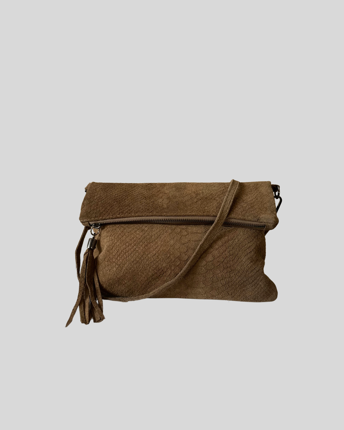 🇮🇹 Pochette pliable marron effet python en daim véritable à pompon – Made in Italy
