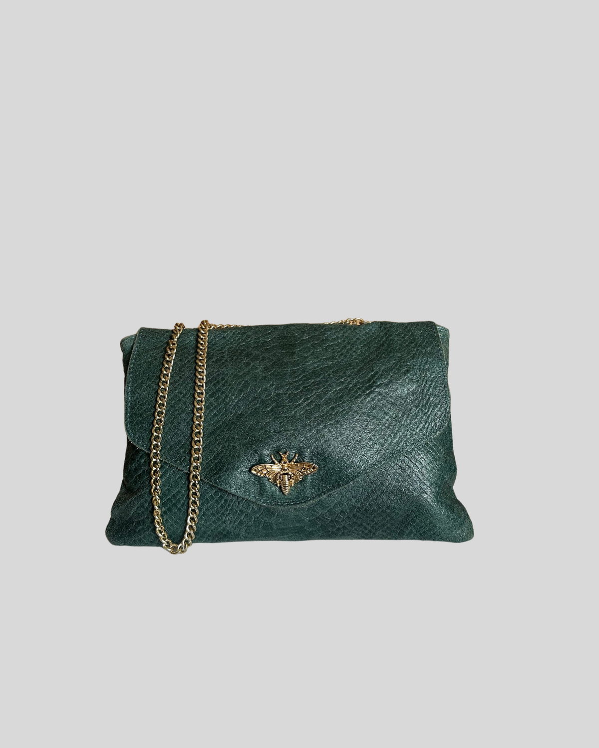 🇮🇹 Sac bandoulière vert foncé effet python en cuir véritable à abeille dorée – Made in Italy