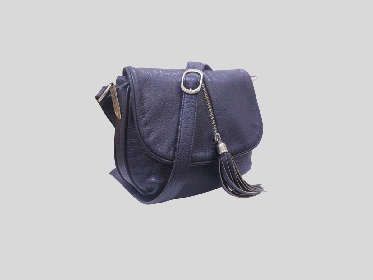 Sac bandoulière A. Valentino bleu nuit en cuir véritable à pompon