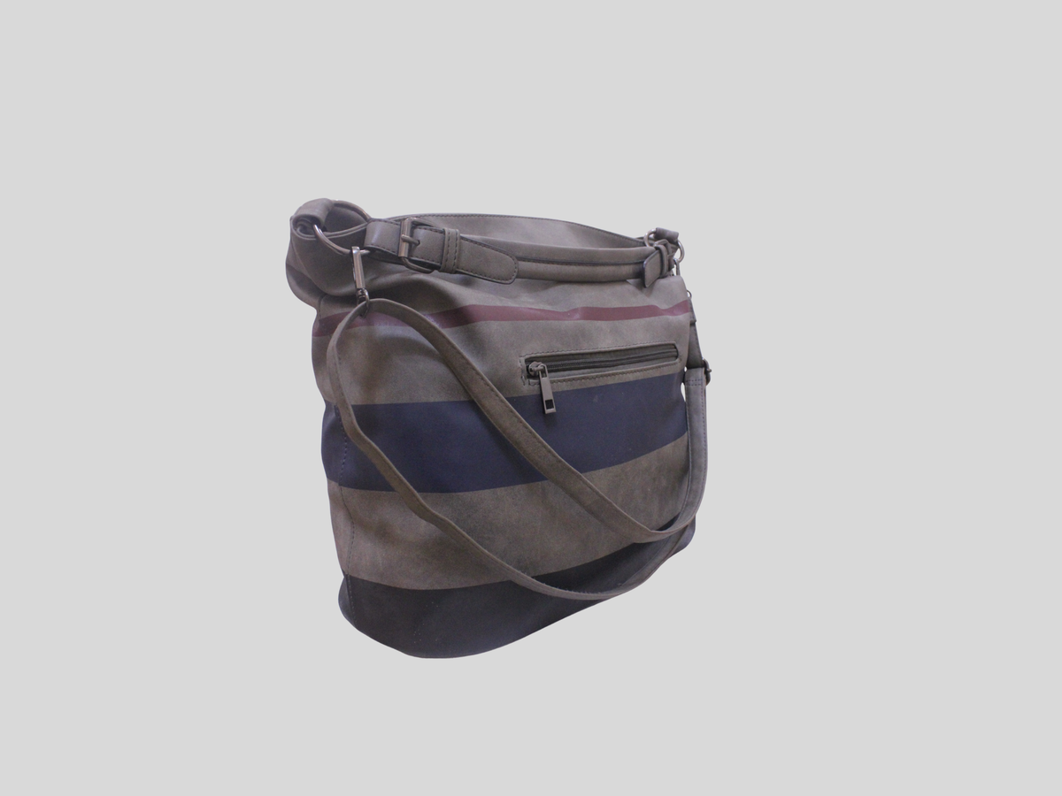 Sac épaule gris à rayures bleu marine et bordeaux – double porté