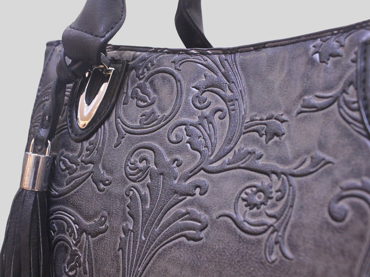 Grand cabas Floral gris et noir à motifs baroques embossés