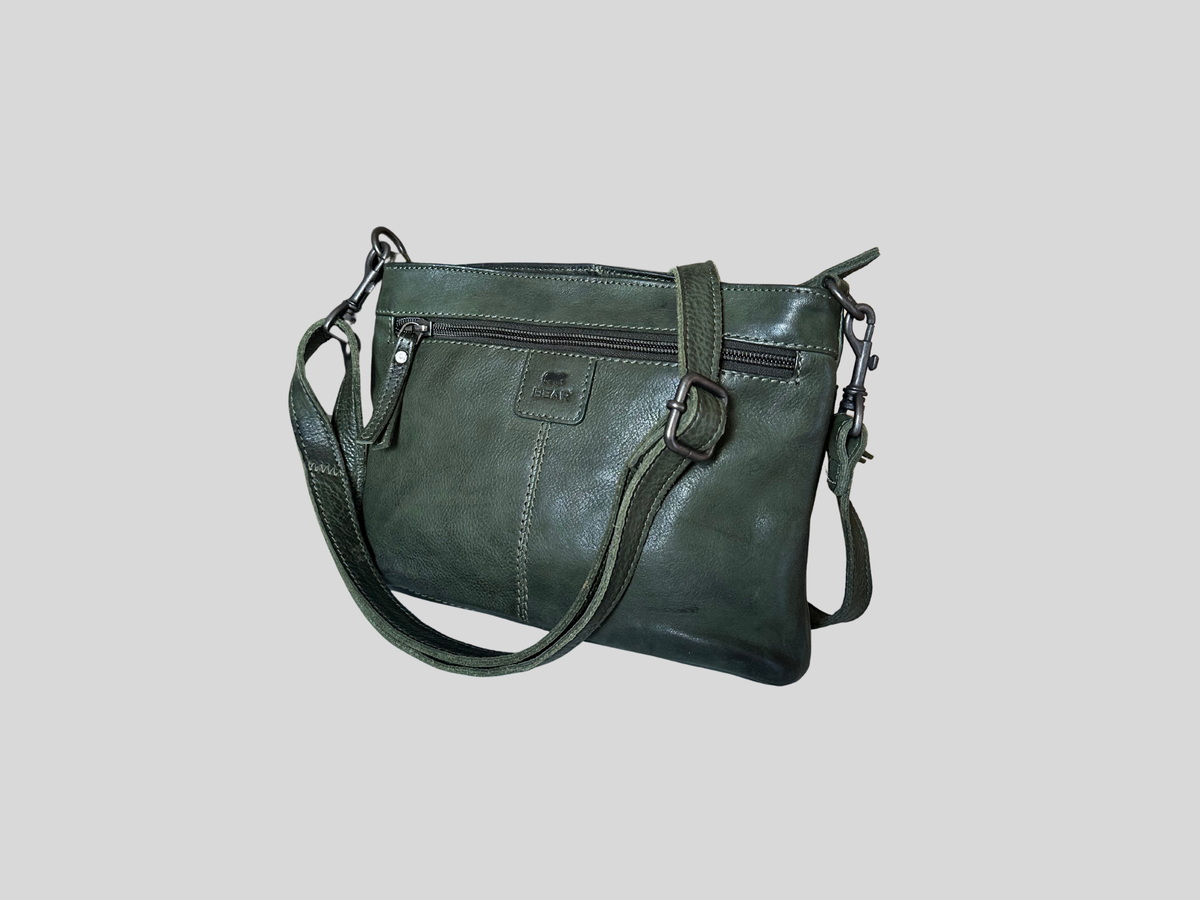 🇳🇱 Bear Design – Sac bandoulière vert foncé en cuir véritable multi-poches