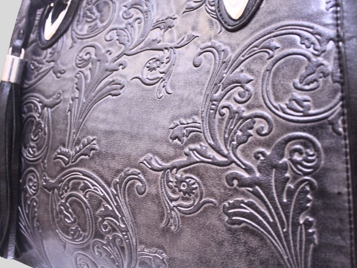 Grand cabas Floral gris et noir à motifs baroques embossés