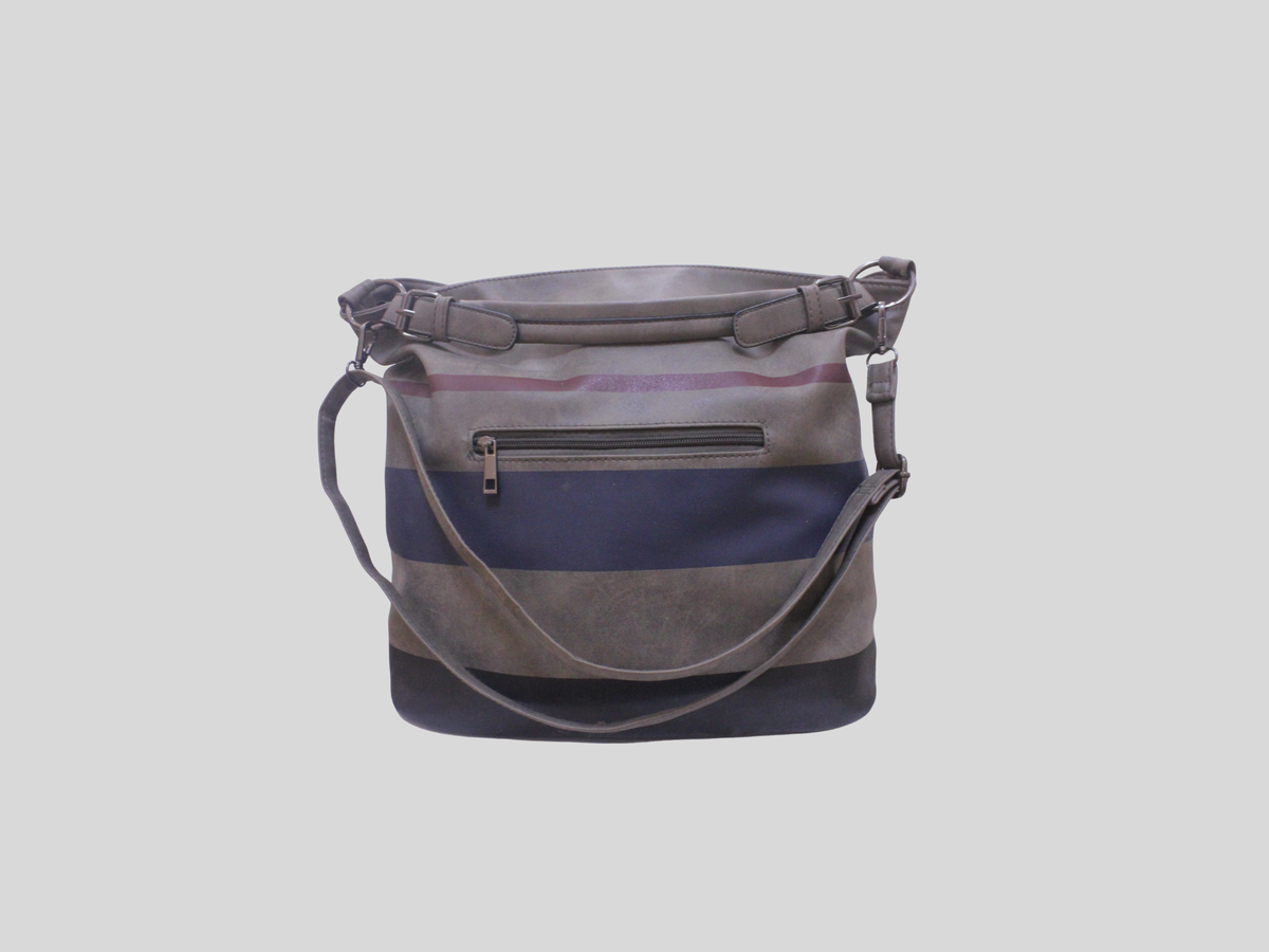 Sac épaule gris à rayures bleu marine et bordeaux – double porté