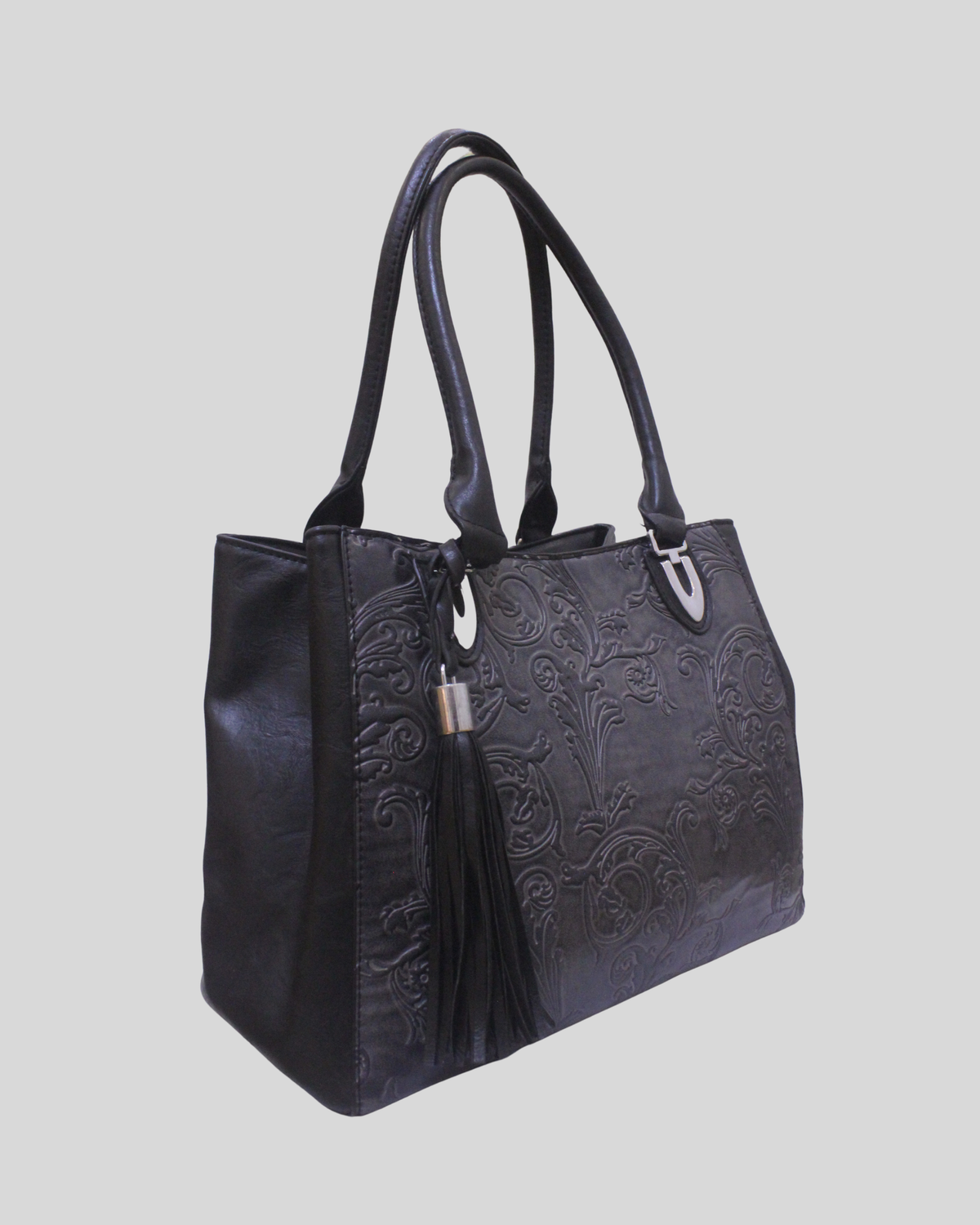 Grand cabas Floral gris et noir à motifs baroques embossés