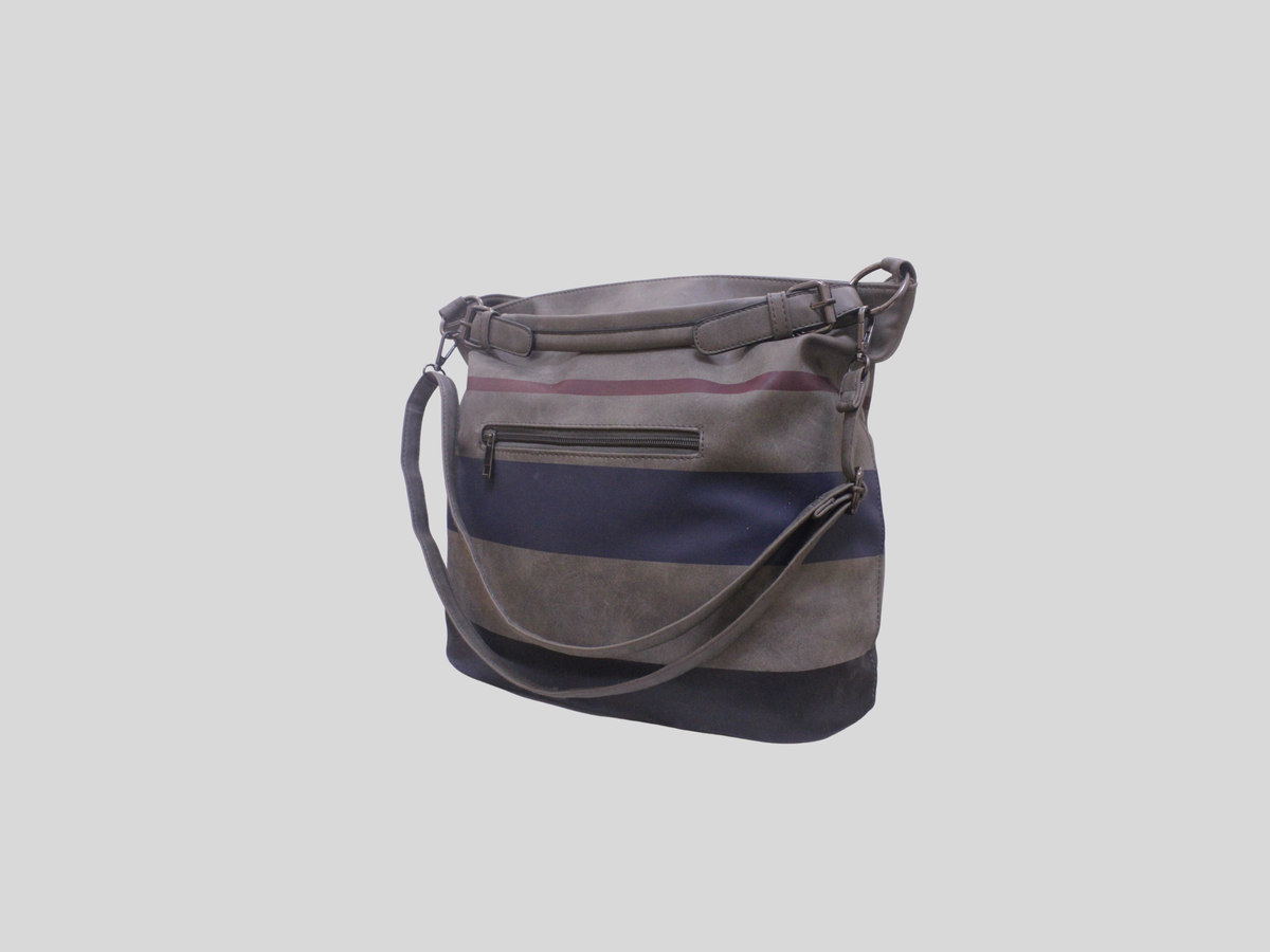 Sac épaule gris à rayures bleu marine et bordeaux – double porté