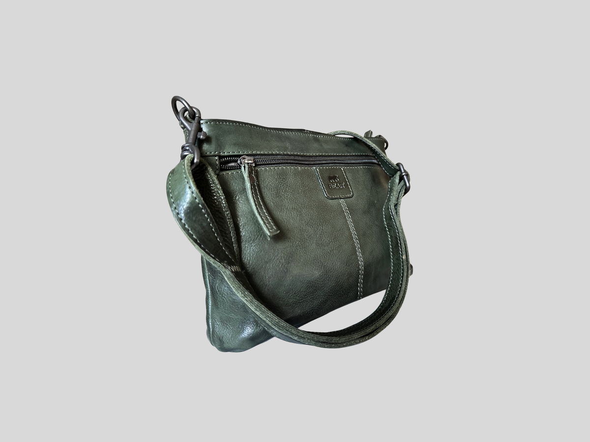 🇳🇱 Bear Design – Sac bandoulière vert foncé en cuir véritable multi-poches