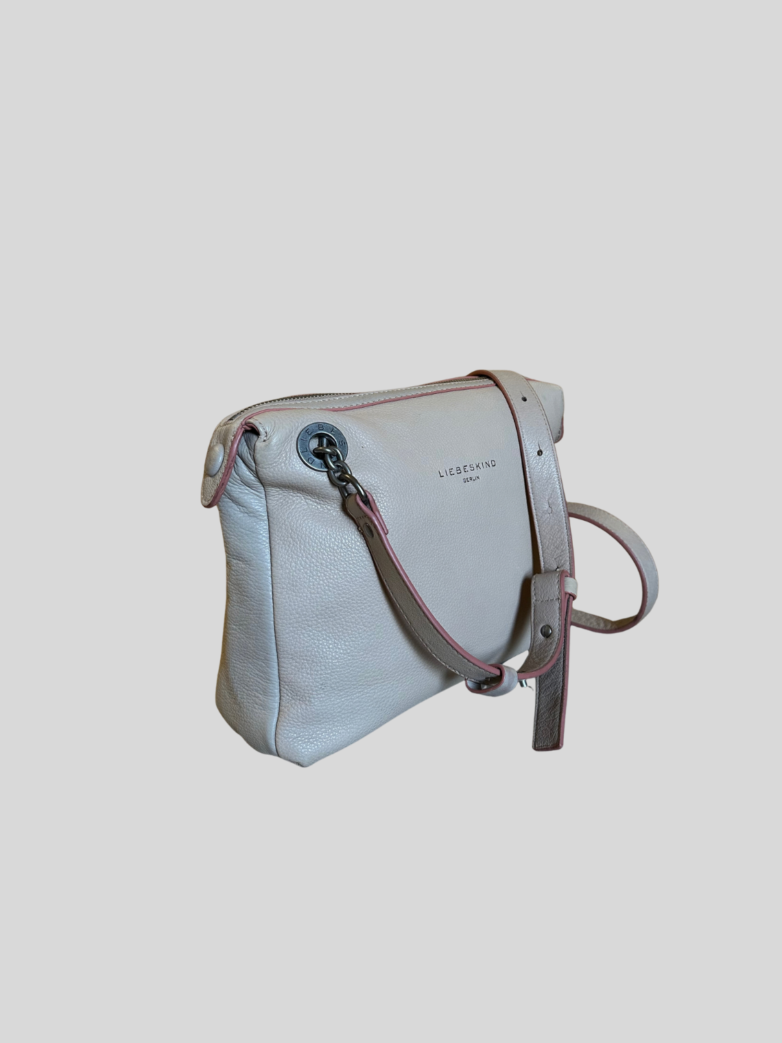 🇩🇪 Liebeskind Berlin – Sac bandoulière beige clair en cuir véritable à liserés roses