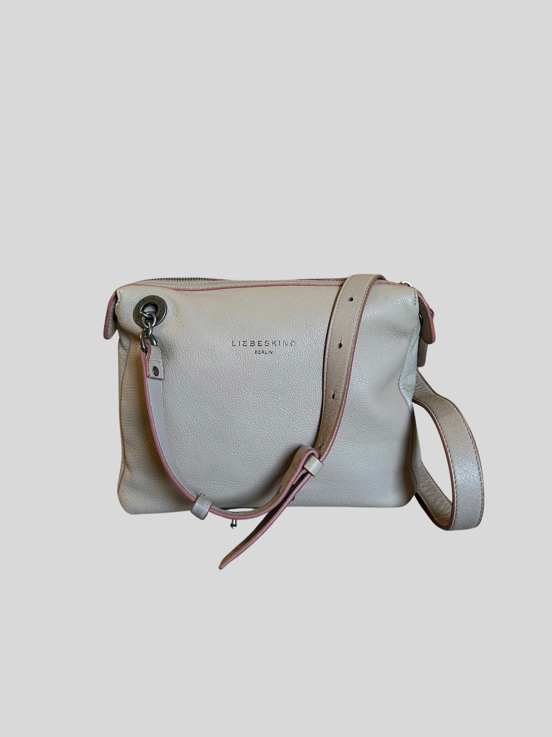 🇩🇪 Liebeskind Berlin – Sac bandoulière beige clair en cuir véritable à liserés roses