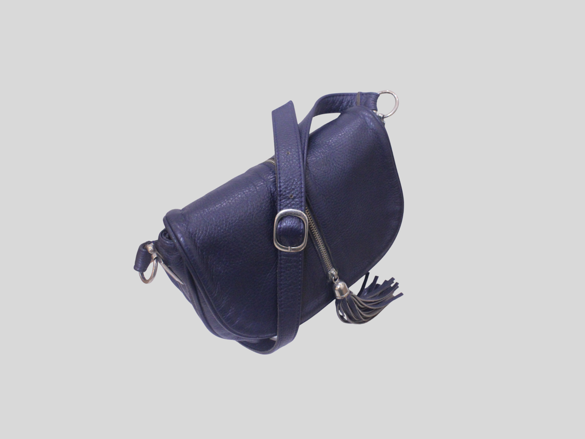 Sac bandoulière A. Valentino bleu nuit en cuir véritable à pompon