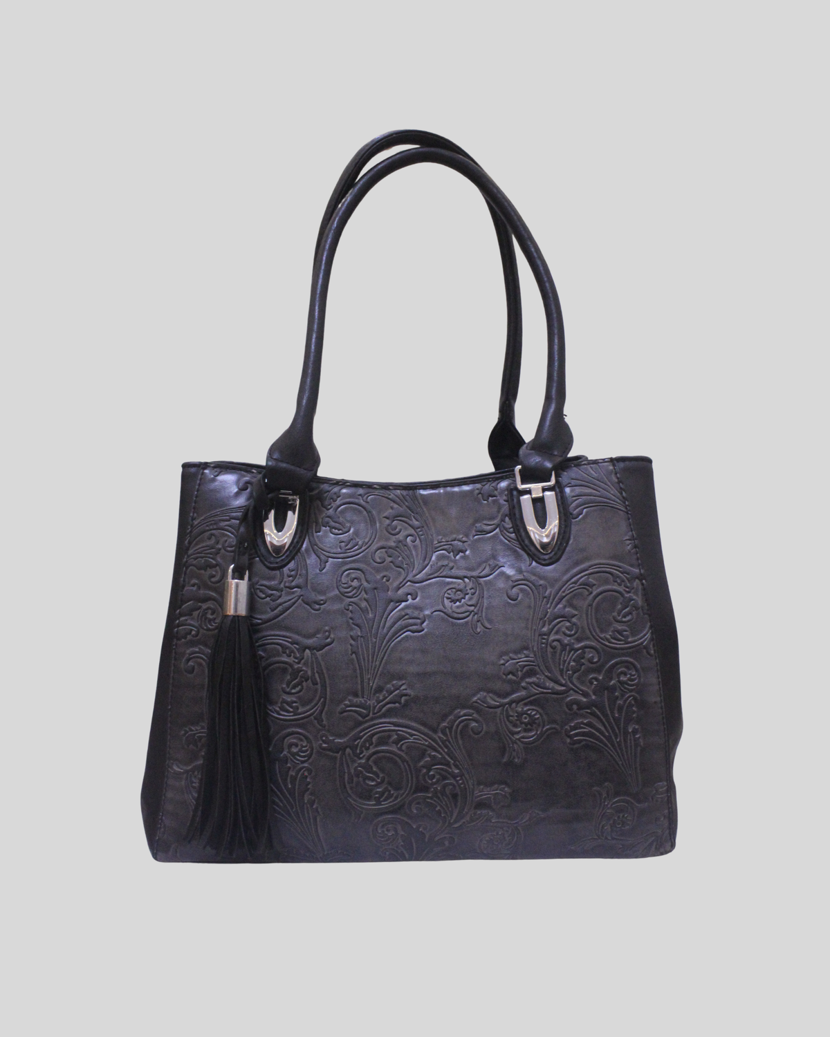 Grand cabas Floral gris et noir à motifs baroques embossés