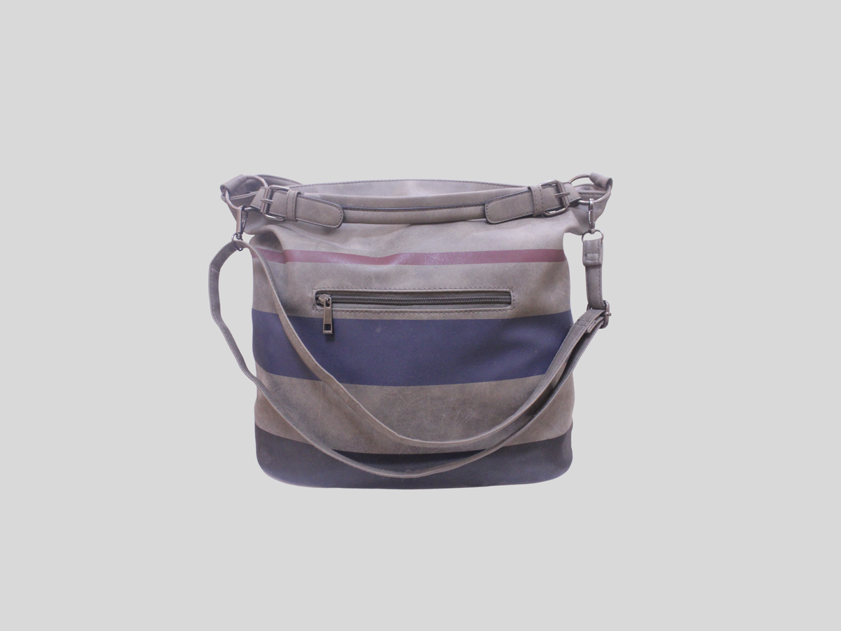Sac épaule gris à rayures bleu marine et bordeaux – double porté