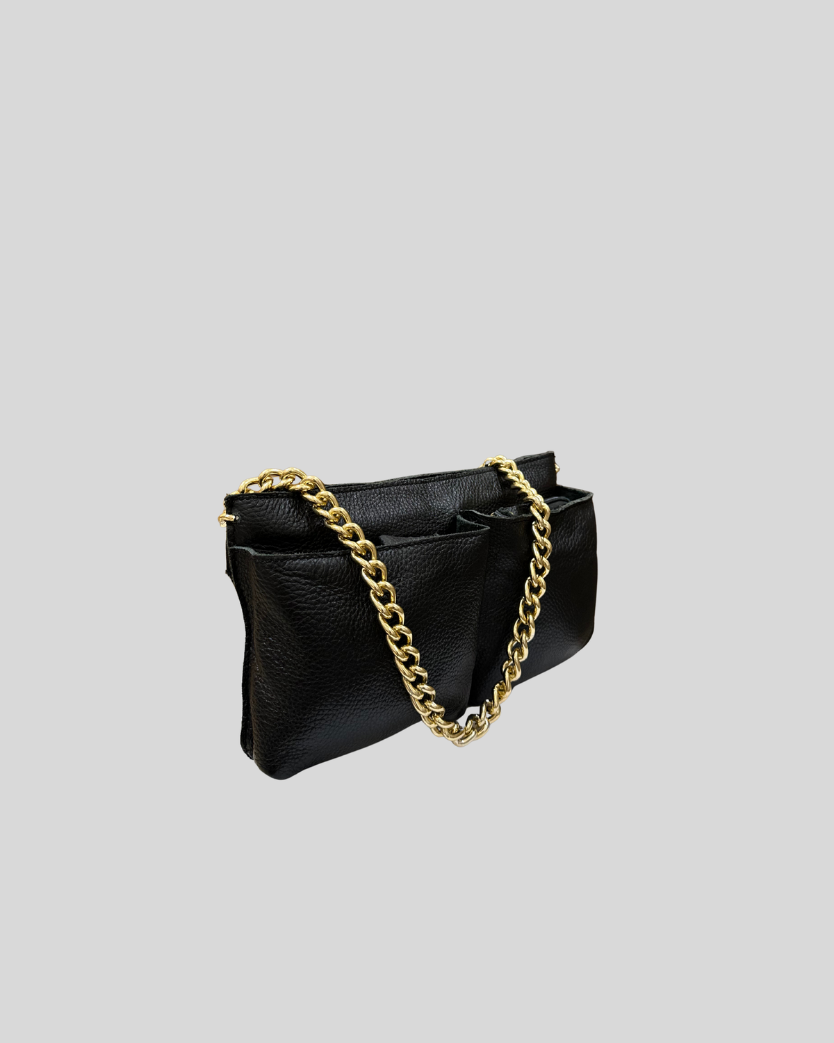 Sac épaule noir en cuir véritable et daim à chaîne dorée