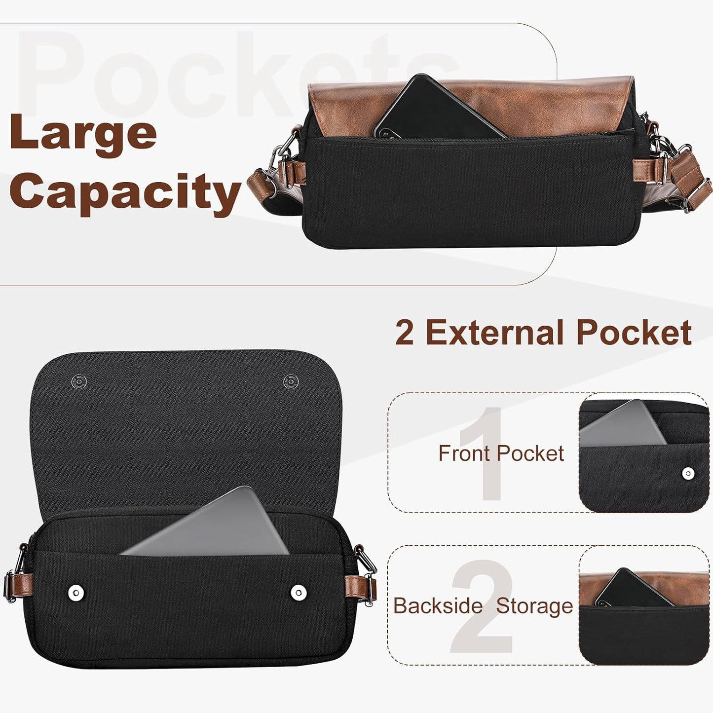 Sac bandoulière Younik marron et noir en cuir et tissu