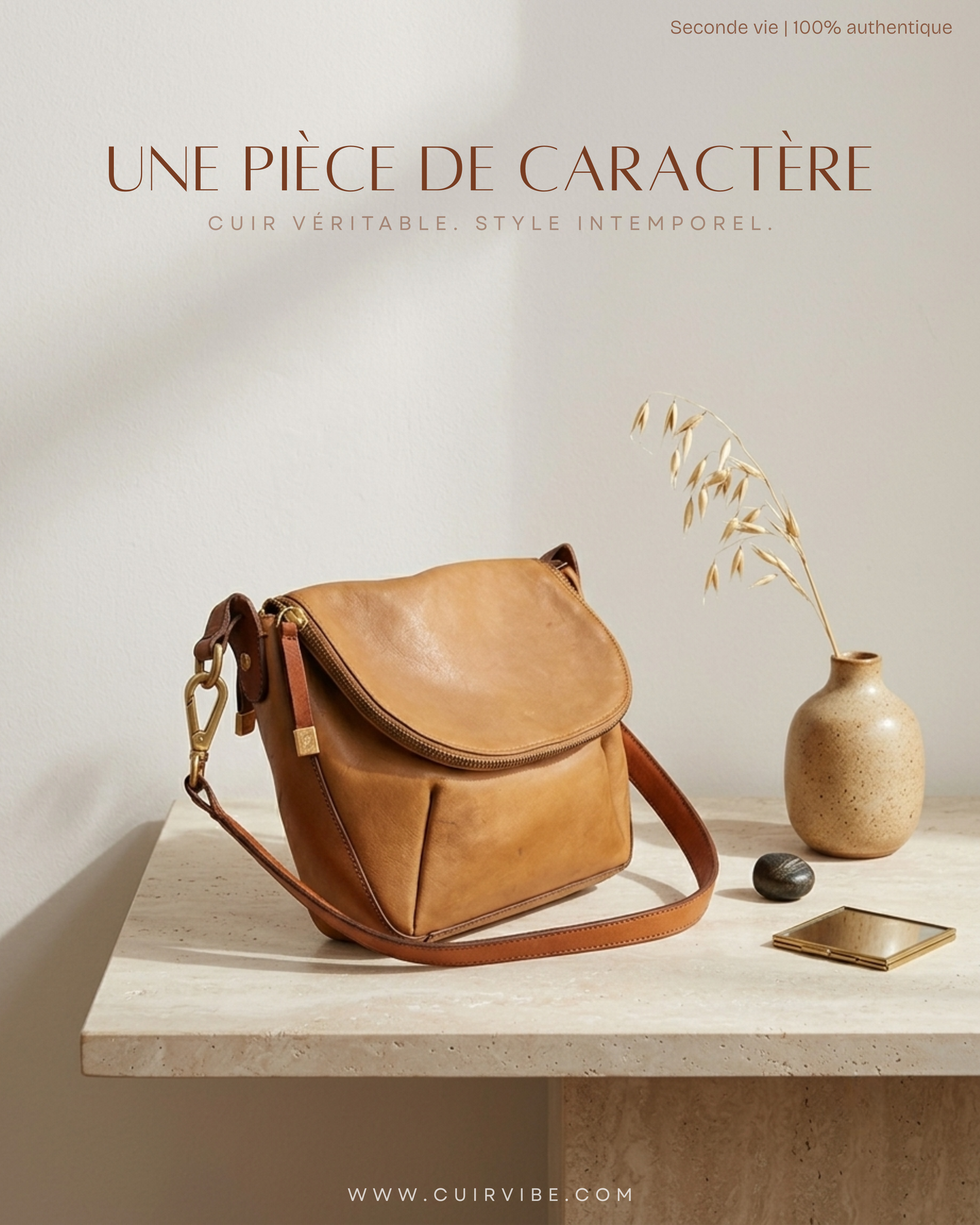 Sac bandoulière Massimo Dutti camel en cuir véritable