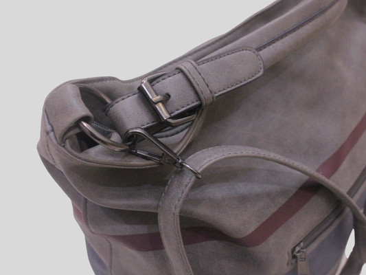 Sac épaule gris à rayures bleu marine et bordeaux – double porté