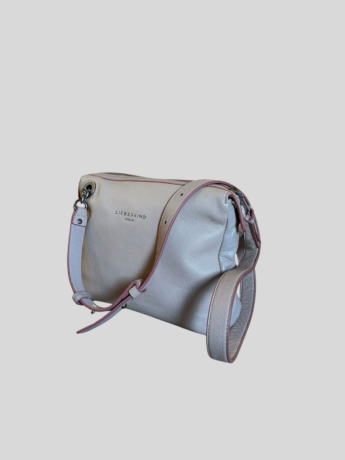 🇩🇪 Liebeskind Berlin – Sac bandoulière beige clair en cuir véritable à liserés roses