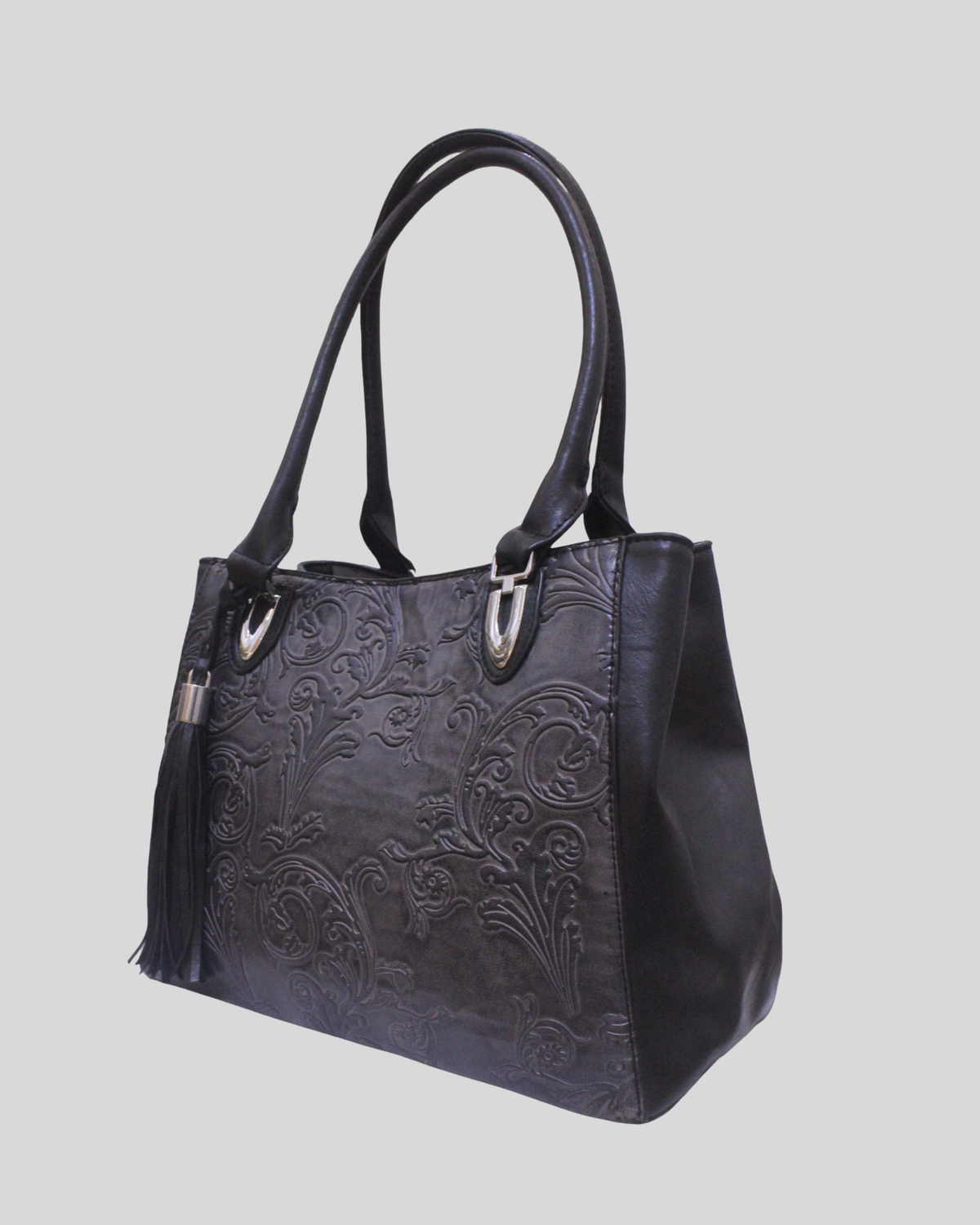 Grand cabas Floral gris et noir à motifs baroques embossés