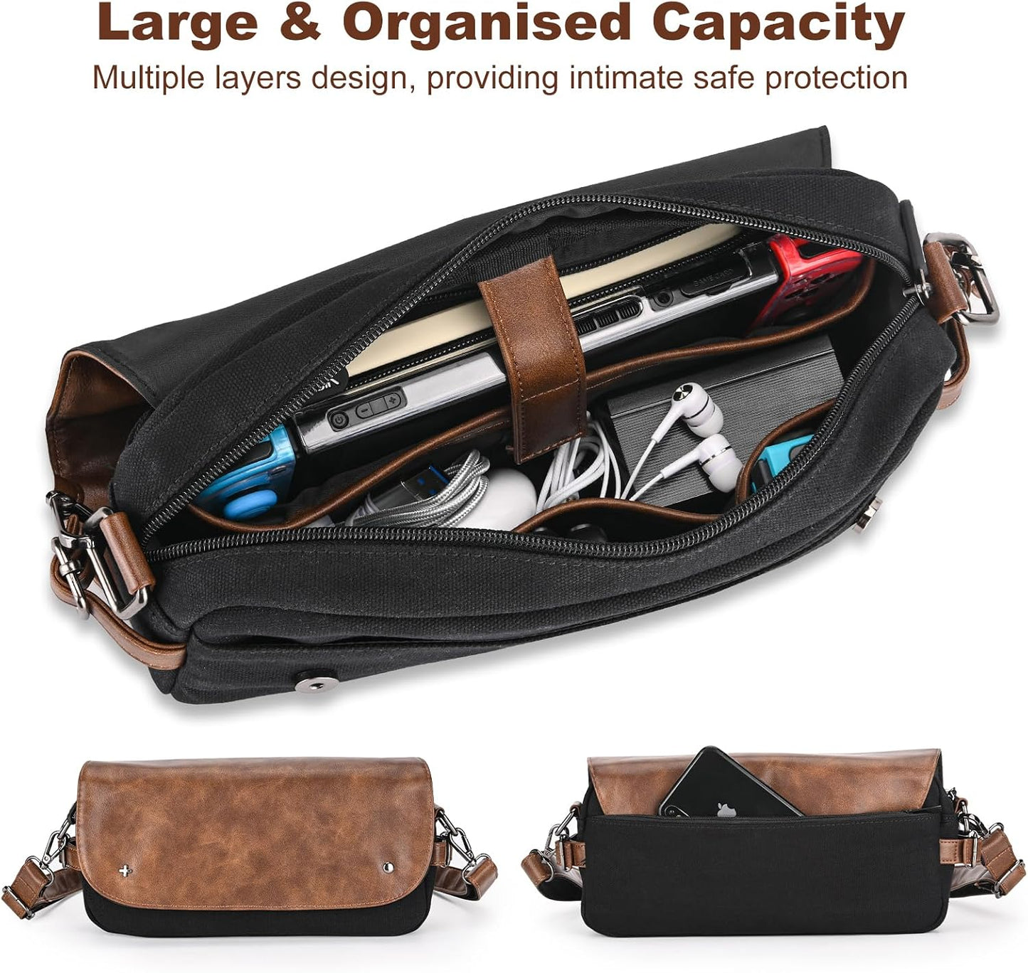 Sac bandoulière Younik marron et noir en cuir et tissu