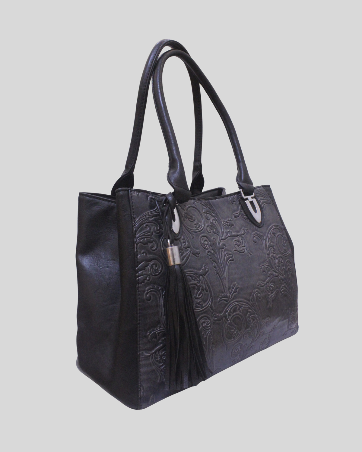Grand cabas Floral gris et noir à motifs baroques embossés