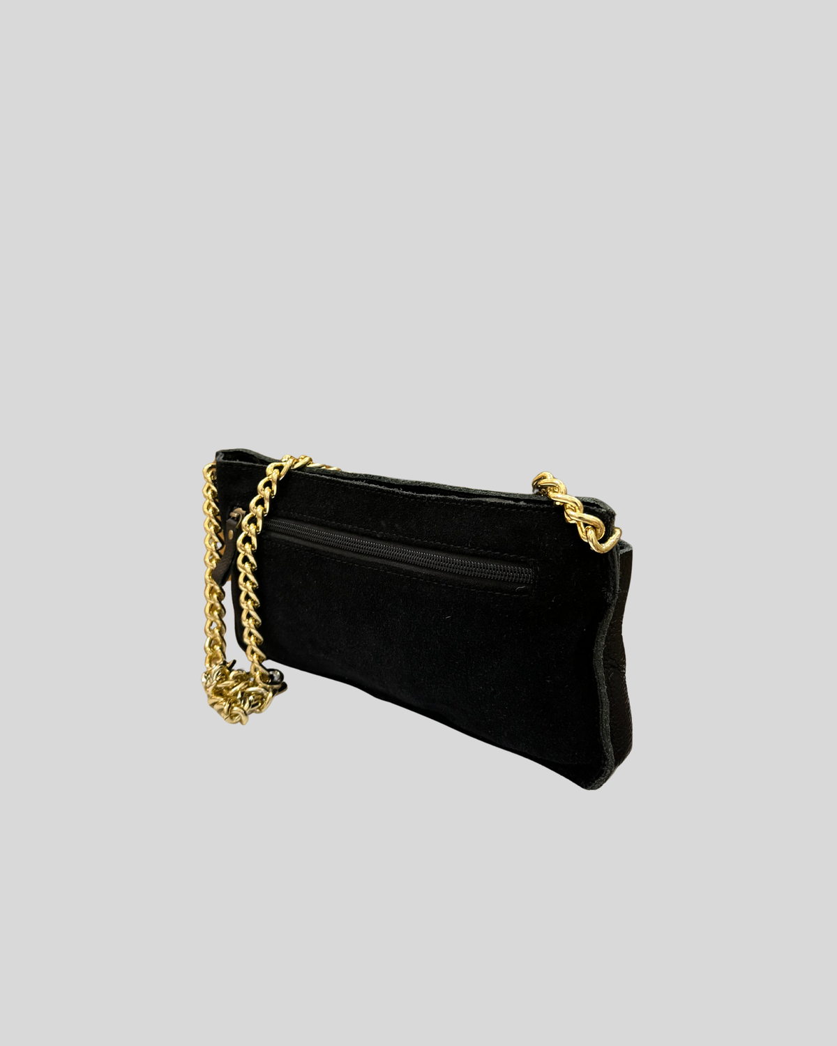 Sac épaule noir en cuir véritable et daim à chaîne dorée