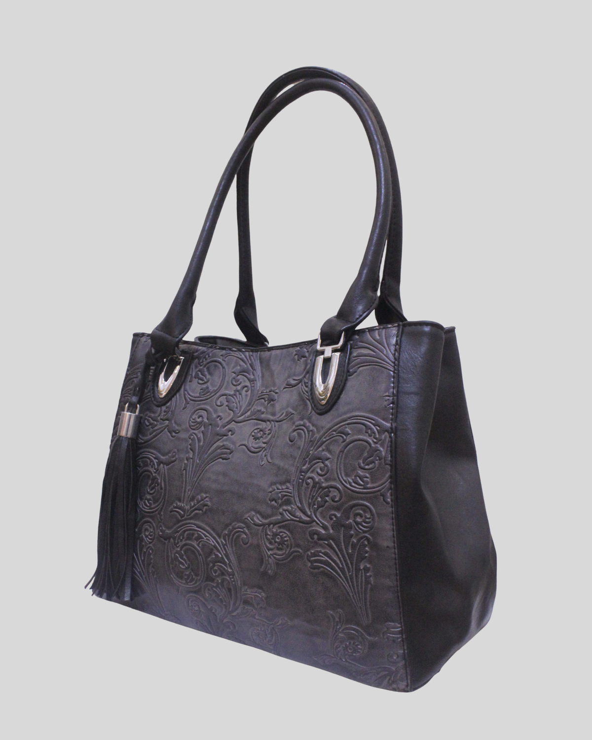 Grand cabas Floral gris et noir à motifs baroques embossés