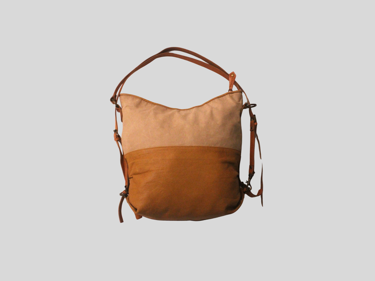 Sac convertible bicolore beige et camel en cuir véritable
