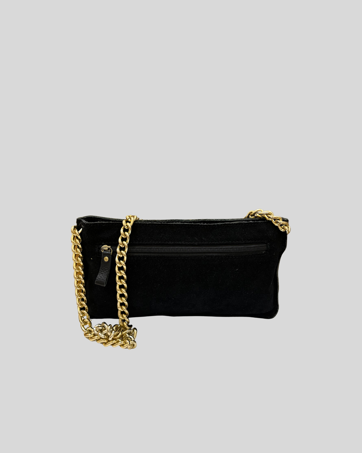 Sac épaule noir en cuir véritable et daim à chaîne dorée