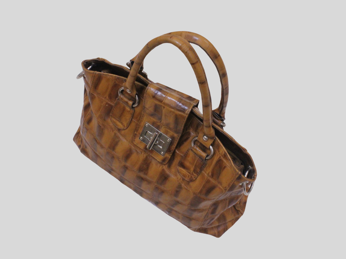🇮🇹 Sac à main cuir véritable marron cognac effet croco – Made in Italy