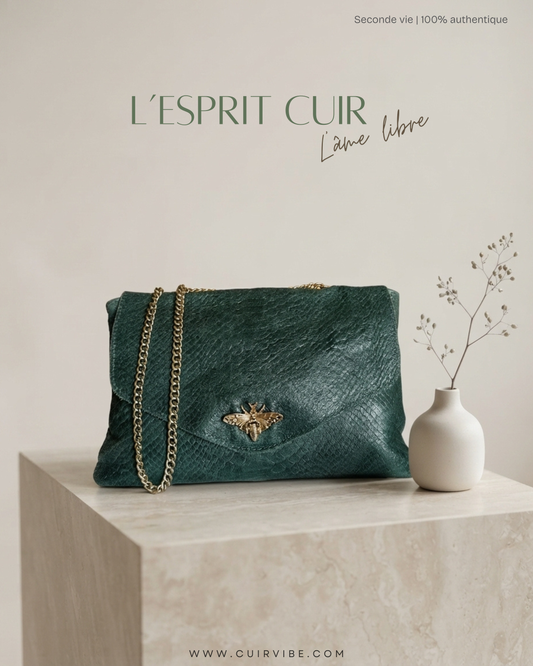 🇮🇹 Sac bandoulière vert foncé effet python en cuir véritable à abeille dorée – Made in Italy