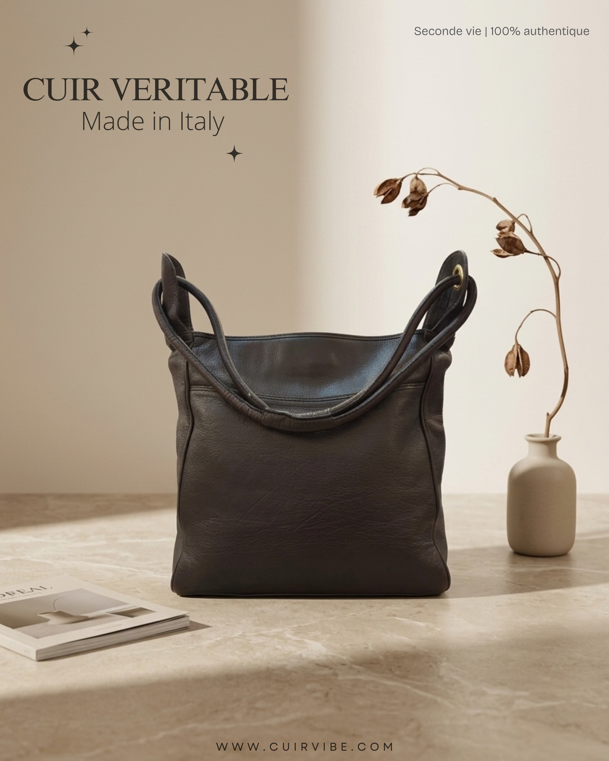 🇮🇹 Valerio Bassotto 1971 – Grand sac épaule marron en cuir véritable