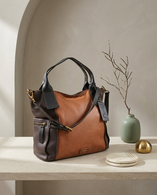 🇺🇸 Fossil – Sac shopper bicolore en cuir marron