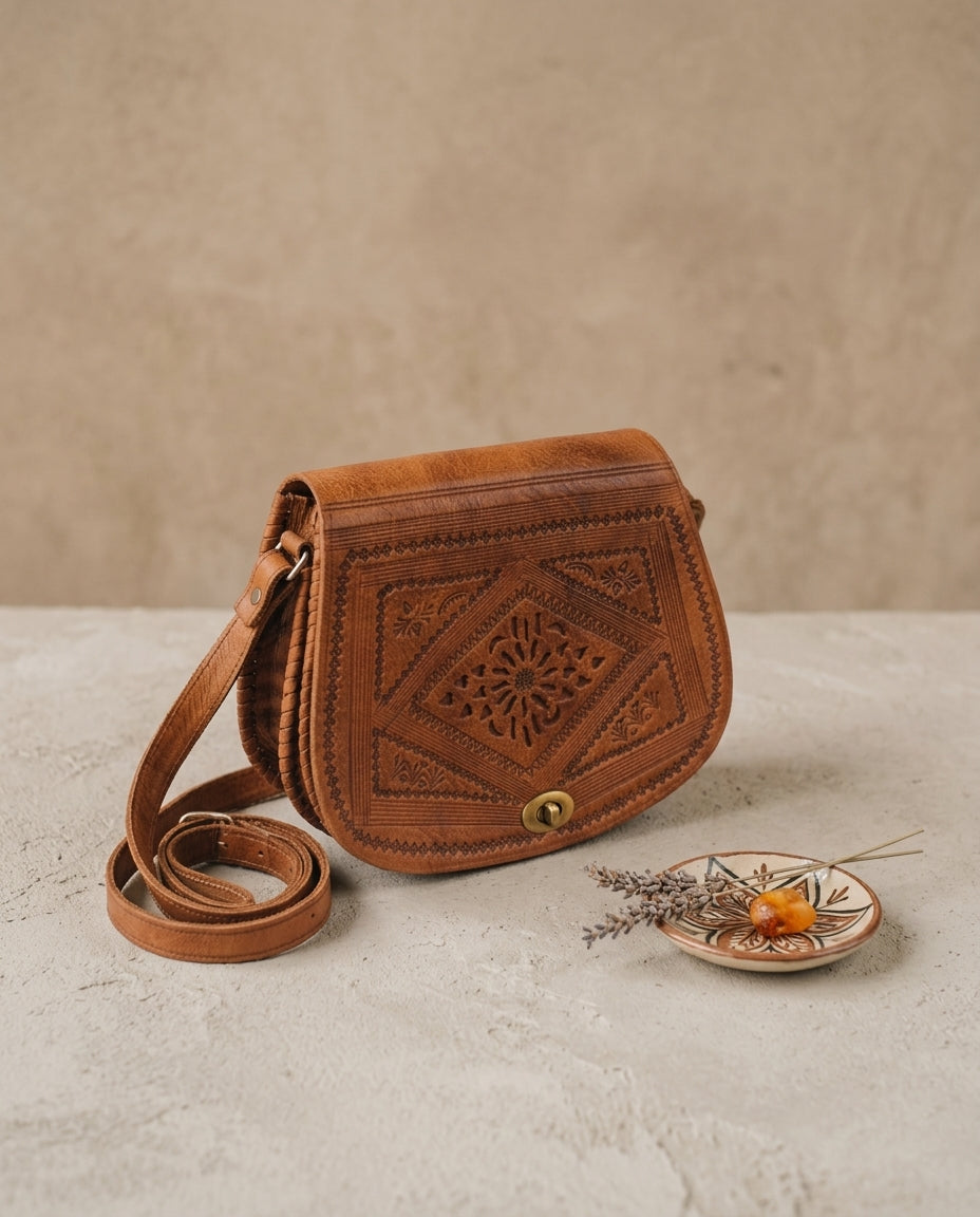 Sac bandoulière artisanal cognac à motifs gravés