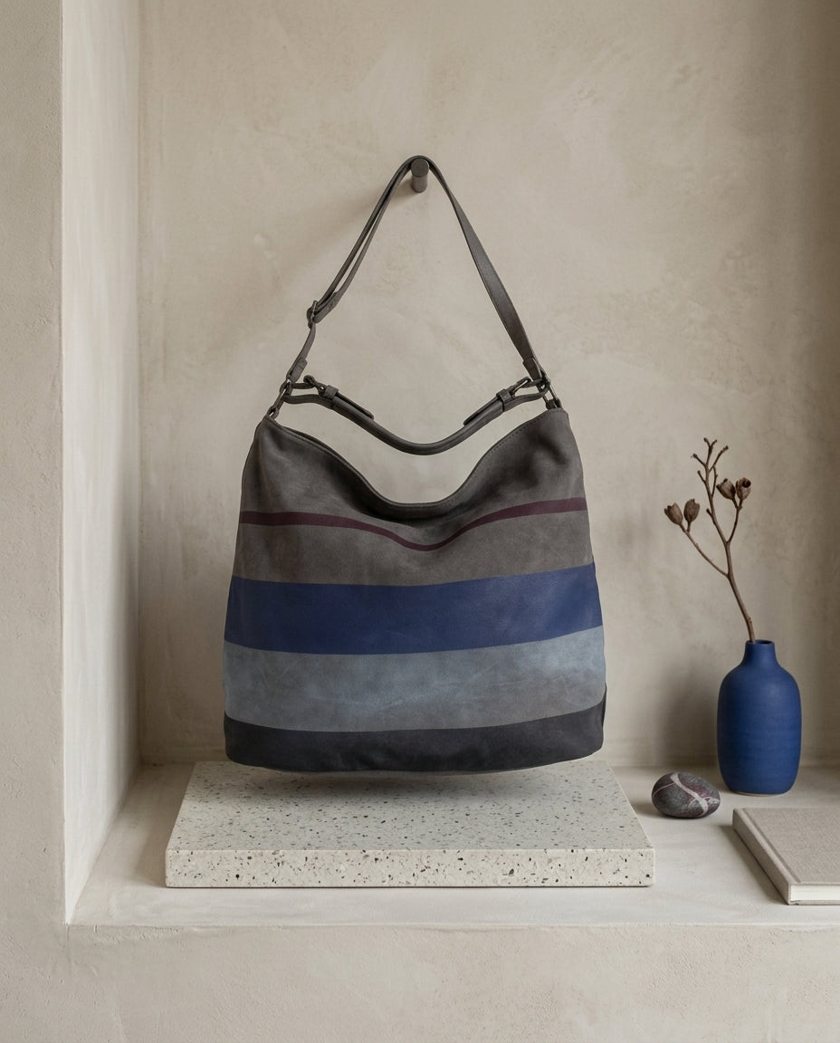 Sac épaule gris à rayures bleu marine et bordeaux – double porté