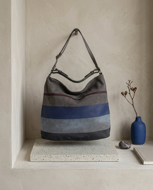 Sac épaule gris à rayures bleu marine et bordeaux – double porté